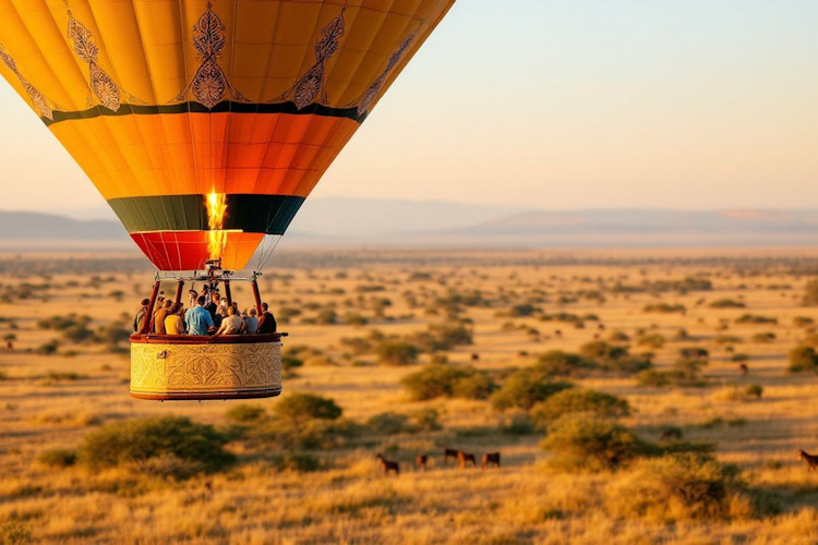 Hot air balloon safari Masai Mara dawn golden light aerial view savannah wildlife Kenya photography