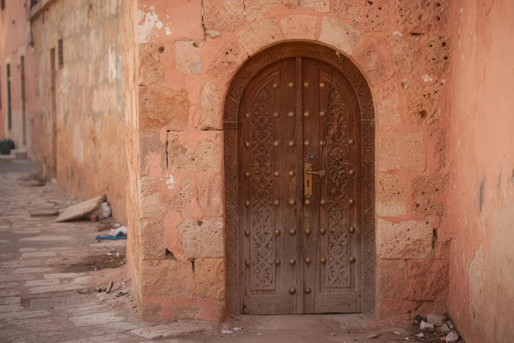 The image features an ornate carved wooden door adorned with brass studs, set against an aged coral stone wall in a narrow alley, reflecting the rich history and cultural heritage of Stone Town, a UNESCO World Heritage site on Zanzibar Island. This charming scene captures the essence of the island's vibrant culture and architectural beauty, inviting travelers to explore its hidden gems.