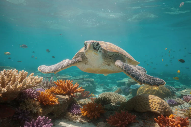 A serene sea turtle glides gracefully above vibrant coral reefs, surrounded by a school of small fish, showcasing the diverse marine life found in the Indian Ocean around Zanzibar Island. This picturesque scene highlights the natural beauty of the coral reefs and the pristine waters that make Zanzibar a must-visit destination for marine enthusiasts.