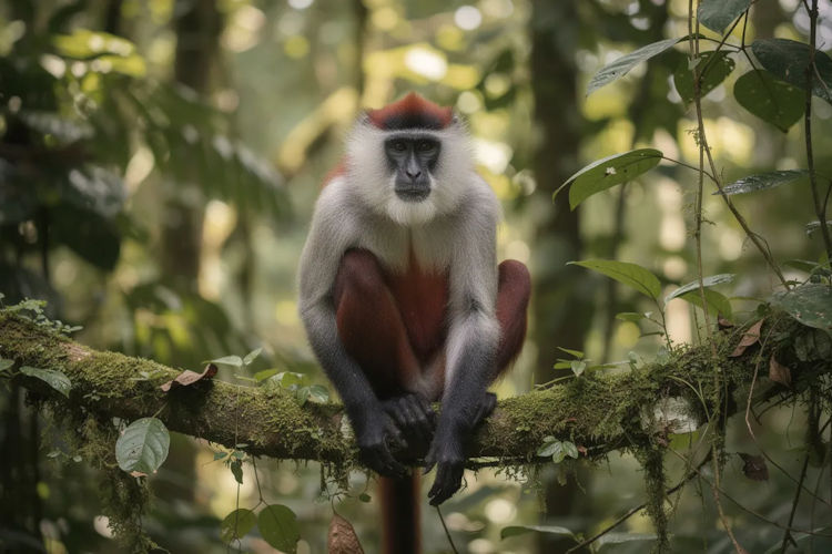 A rare red colobus monkey with a distinctive white face is perched on a branch in the dense green canopy of Jozani Forest, showcasing the natural beauty of Zanzibar Island. This unique primate, native to East Africa, highlights the rich biodiversity that makes this UNESCO World Heritage Site a must-visit destination for nature lovers.