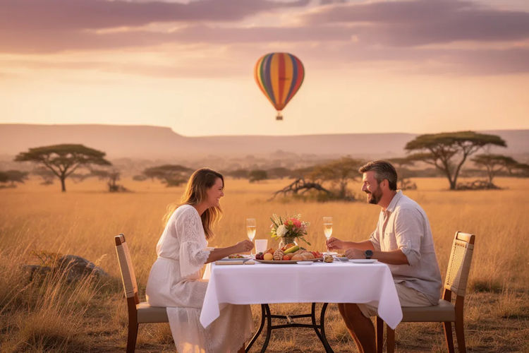 Hot air balloon champagne breakfast African savanna couple safari honeymoon romance South Africa