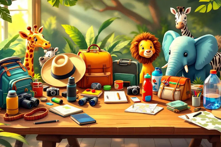 african-safari-ideas-for-families-4.jpg Packing essentials laid out for a family safari adventure