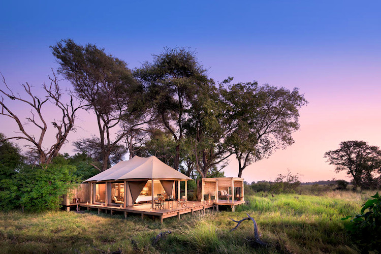 Nxabega Okavango Tented Camp raised wooden platforms seasonal floodplains lions elephants Okavango