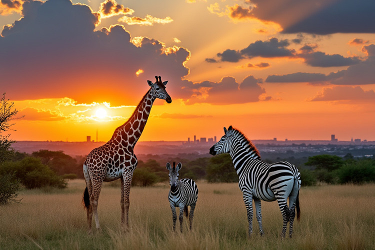 Nairobi National Park wildlife city skyline backdrop giraffe zebra lion urban safari Kenya