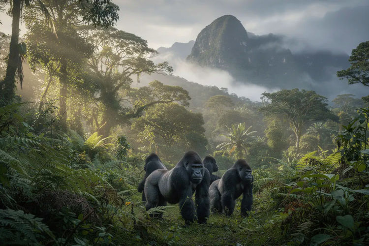 The image depicts a family of mountain gorillas nestled among the lush greenery of a forest, with misty mountains rising majestically in the background, creating a stunning backdrop for an unforgettable African safari experience. This serene scene captures the essence of wildlife in their natural habitat, inviting viewers to explore the beauty of the great rift valley and the wonders of East Africa.
