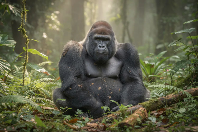 Silverback mountain gorilla lush green vegetation forest Rwanda Volcanoes National Park gorilla trekking