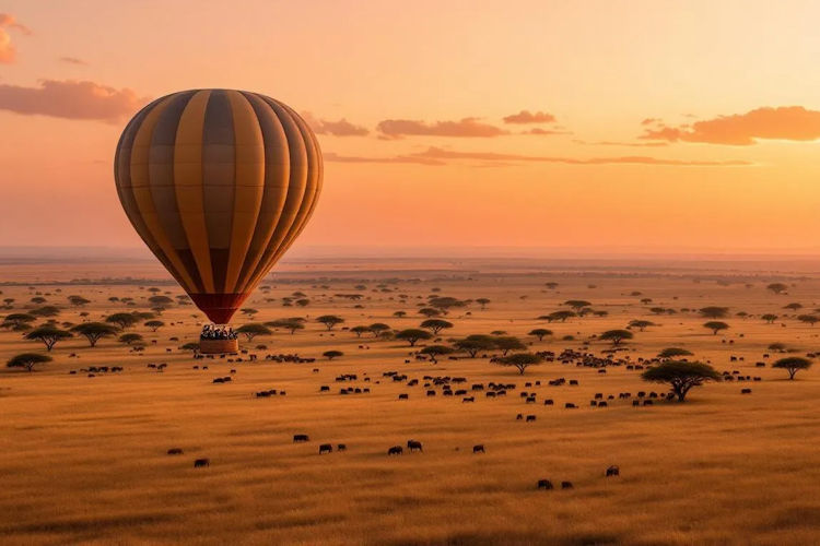 Hot air balloon safari Serengeti Tanzania sunrise golden plains champagne breakfast bird's eye view