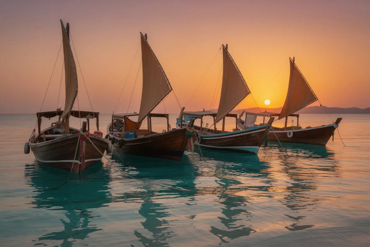 Traditional dhow boats moored calm turquoise waters sunset Zanzibar orange sky Indian Ocean