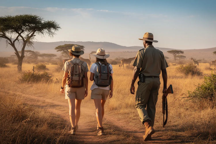 A couple is walking hand-in-hand through the African wilderness on a guided safari, surrounded by the stunning landscapes of South Luangwa National Park. The scene captures the essence of a Zambia honeymoon safari, showcasing the untouched wilderness and the adventure of exploring the vibrant wildlife together.