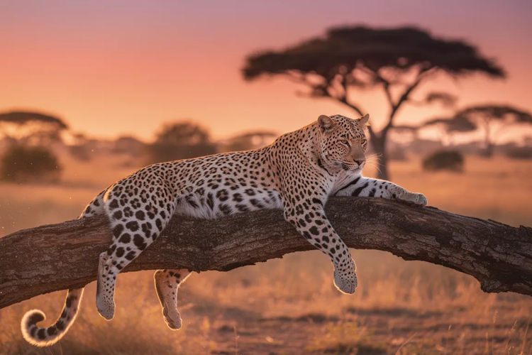 A majestic leopard rests elegantly on a sturdy branch during the golden hour in South Luangwa National Park, surrounded by the vibrant hues of an African sunset. This serene scene embodies the untouched wilderness of Zambia, perfect for a luxury safari experience.