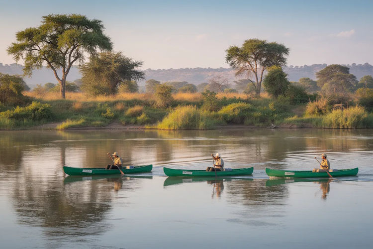 Three green canoes glide peacefully on the calm waters of the Zambezi River, framed by the lush banks of Lower Zambezi National Park, creating a serene atmosphere perfect for a Zambia honeymoon safari. The tranquil scene captures the untouched wilderness and natural beauty of this iconic safari destination.