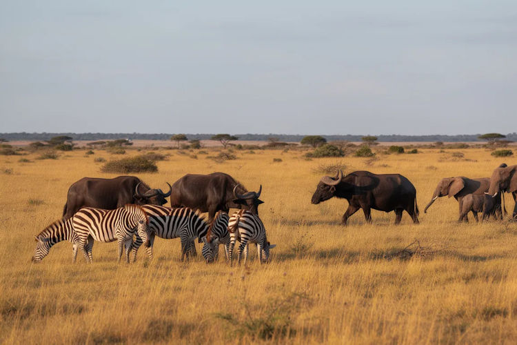 A stunning scene on the Basunga Plains in Kafue National Park, showcasing a herd of zebras, buffalo, and elephants peacefully coexisting in the African bush. This picturesque wildlife gathering reflects the untouched wilderness of Zambia, making it a perfect destination for a honeymoon safari.