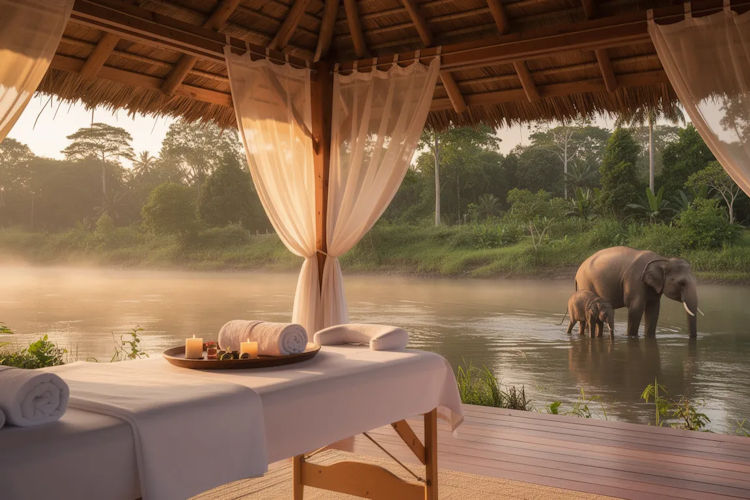 An outdoor spa pavilion offers a serene view of the Zambezi River, where elephants can be seen drinking in the background, creating a tranquil atmosphere perfect for a luxury Zambia honeymoon safari. This intimate setting, surrounded by the untouched wilderness of South Luangwa National Park, invites guests to relax and enjoy the beauty of nature.