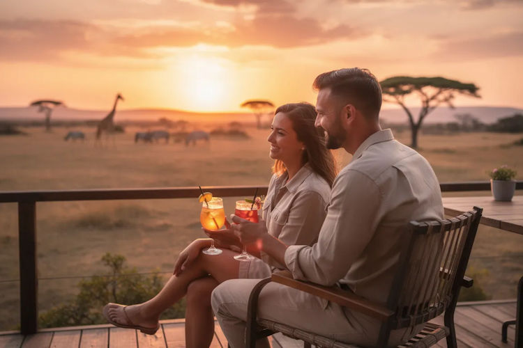A couple enjoys sundowner drinks together, seated against the backdrop of the vast African savanna at sunset, capturing the romance of their Zambia honeymoon safari. The warm colors of the sky reflect the beauty of Zambia's untouched wilderness, making it a perfect moment in their journey through the South Luangwa National Park.