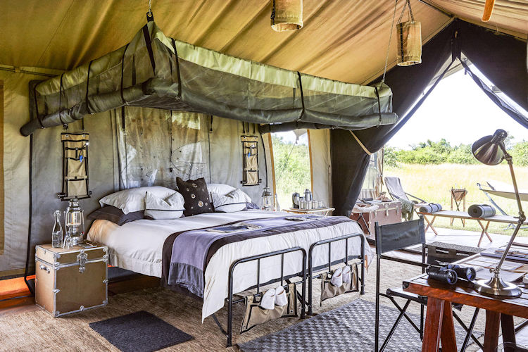 The image depicts the luxurious interior of a safari tent, featuring a comfortable bed with soft linens and stunning views of the African savannah visible through the open canvas. This serene setting offers a glimpse into the ultimate Serengeti safari experience, where guests can enjoy the beauty of the diverse wildlife and vast plains of the Serengeti ecosystem.