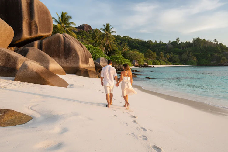 A couple enjoys a romantic getaway as they stroll hand in hand along the pristine white sand beaches of Seychelles, framed by stunning granite boulders and the sparkling turquoise waters of the Indian Ocean, showcasing the natural beauty of one of Africa's best honeymoon destinations. This idyllic scene evokes the perfect atmosphere for love and tranquility.