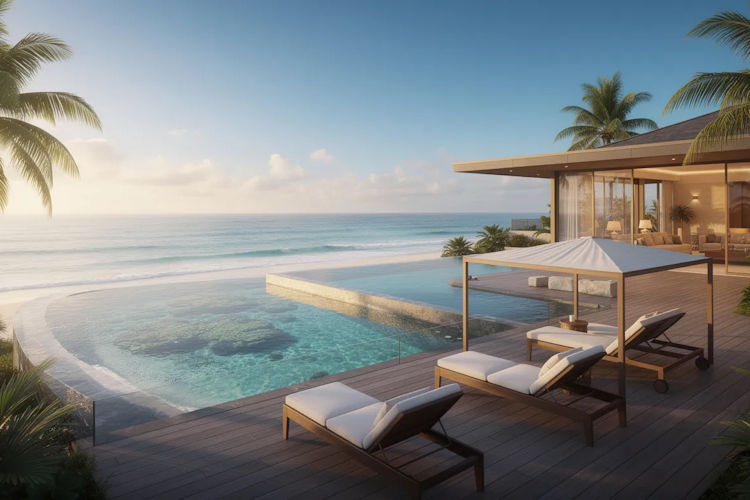 A luxury beach villa features a private deck that overlooks the stunning turquoise ocean waters and vibrant coral reefs, making it an ideal romantic getaway in South Africa. This serene setting, with its pristine white sand beaches, offers an unforgettable experience for couples seeking a perfect honeymoon destination.