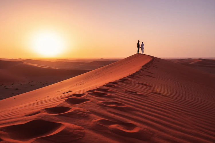 The image captures dramatic red sand dunes at sunset, with two people silhouetted against a golden sky, evoking a sense of romance and adventure, reminiscent of a perfect honeymoon destination in South Africa. This breathtaking landscape could easily be part of a romantic getaway, inviting couples to explore the natural beauty of Africa.