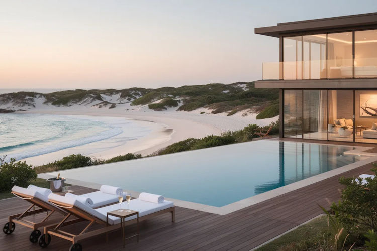 The image showcases a luxurious beachfront villa with an infinity pool that merges with the crystal-clear waters of the Indian Ocean, surrounded by pristine white sand beaches in South Africa's KwaZulu Natal Province. This romantic getaway is ideal for a South Africa honeymoon, offering breathtaking views and a serene atmosphere.