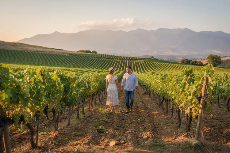 A couple strolls hand-in-hand through a lush rolling vineyard, surrounded by rows of grapevines and majestic mountains in the background, capturing the essence of a romantic getaway in South Africa's beautiful wine country. This picturesque landscape evokes the charm of Cape Winelands, making it a perfect setting for wine lovers and honeymooners alike.