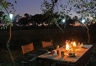 Dinner Okavango Delta open fire 3-course Botswana Bucket List 15-day mobile safari