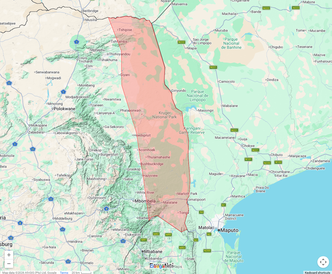 Malaria In Kruger National Park Map, red is malaria area