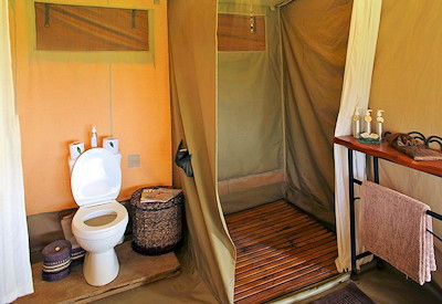 A flushing toilet and indoor shower