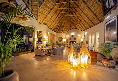 The lodge lit up at night