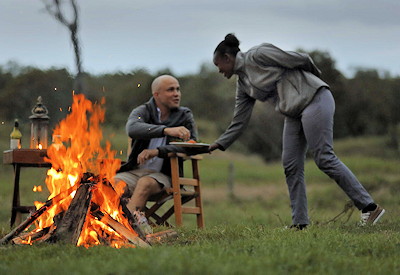 Early evening stories around a raging fire