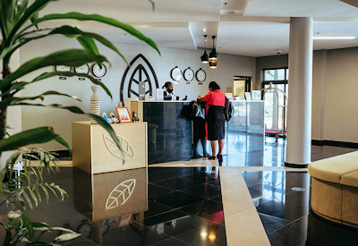 Mantis EPIC Hotel Suites reception guest area Rwandan cultural design Nyagatare Rwanda