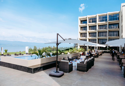 Mantis Kivu Marina Bay Hotel pool deck restaurant pizza oven Lake Kivu views Rwanda