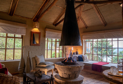 Virunga Lodge main lounge fireplace wine cellar single malt Musanze Rwanda