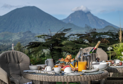 Wilderness Sabyinyo Silverback Lodge breakfast Volcanoes National Park views Rwanda