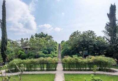 Virunga Lodge manicured tropical gardens Ellen DeGeneres Campus Rwanda Gorilla Safari