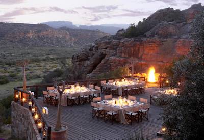 Outdoor dining and boma area with stunning vistas