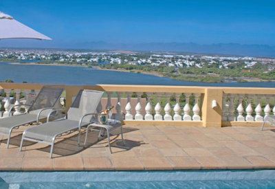 Private balcony and pool with views of the Cape
