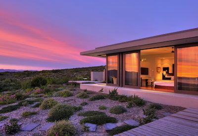 Outdoor seating area at Grootbos Villas with panoramic views