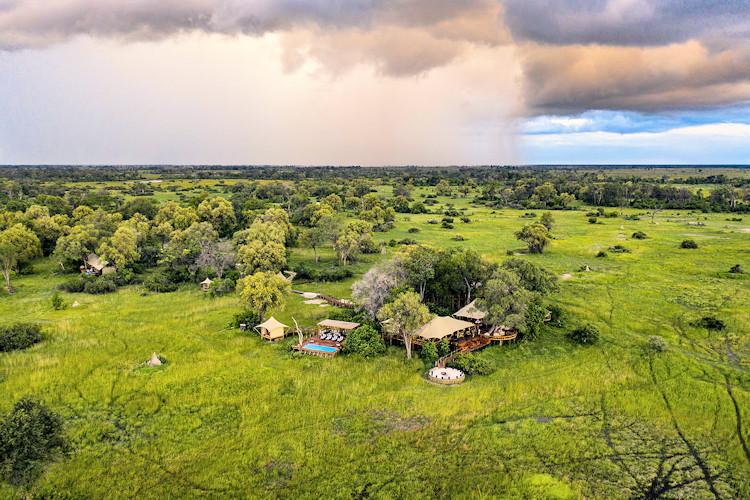 10-reasons-visit-okavango-luxurious-accommodations_0.jpg Aerial view of Okavango Delta in Botswana with its luxurious tented camps and plunge pools