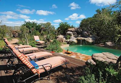Rim-flow swimming pool with sun loungers at Kariega Ukhozi Lodge Kariega Private Game Reserve