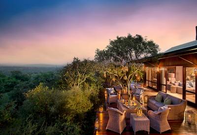 Kwandwe Ecca Lodge pagoda-style guest area overlooking verdant valley Kwandwe Game Reserve