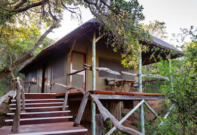 Canvas and thatched safari tent with private veranda at Lalibela Tree Tops Lodge Eastern Cape