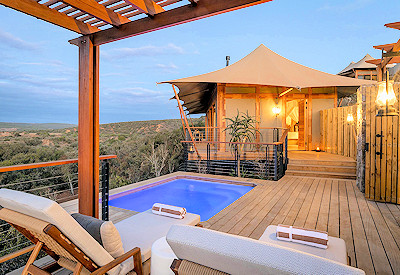 Private heated plunge pool and sun loungers at Shamwari Sindile tented camp Eastern Cape