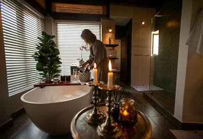 Luxury en-suite bathroom with large bathtub for two at Jamala Madikwe Safari Lodge