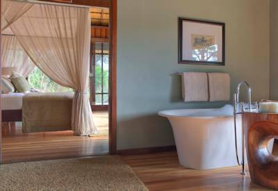 Glass-fronted luxury safari suite with thatched roof at AndBeyond Phinda Vlei Lodge Zululand
