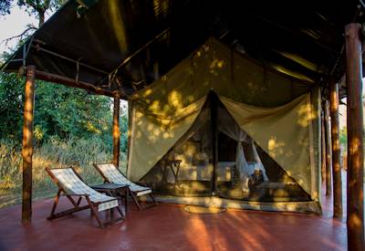 Private wooden viewing deck overlooking Thula Thula Private Game Reserve tented camp