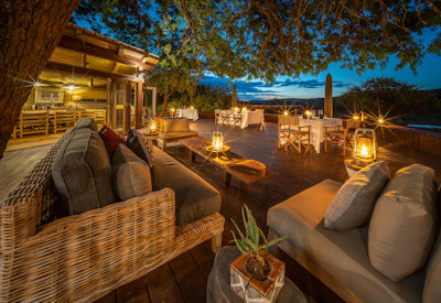 Luxurious tented lodge at night