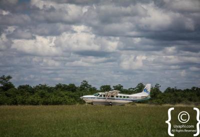 Bush airstrip landing approach light aircraft Botswana fly-in safari photography