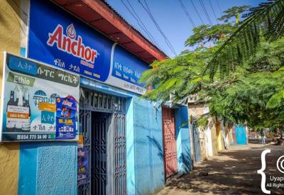 Axum Ethiopia Bajaji blue three-wheel motorised rickshaw town transport photography