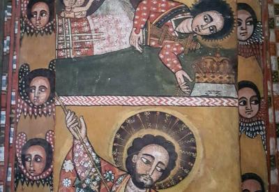 Debre Birhan Selassie Church Gondar Ethiopia painted ceiling close-up cherub detail photography