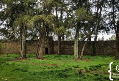 Debre Birhan Selassie Church Gondar Ethiopia exterior stone tower gate compound wall photography